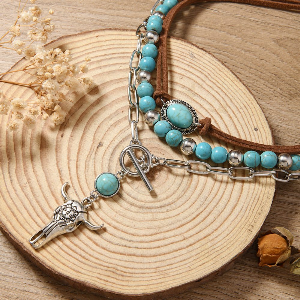 Wholesale Western style Vintage Necklace turquoise metal bull's head OT buckle multi-layer beaded necklace