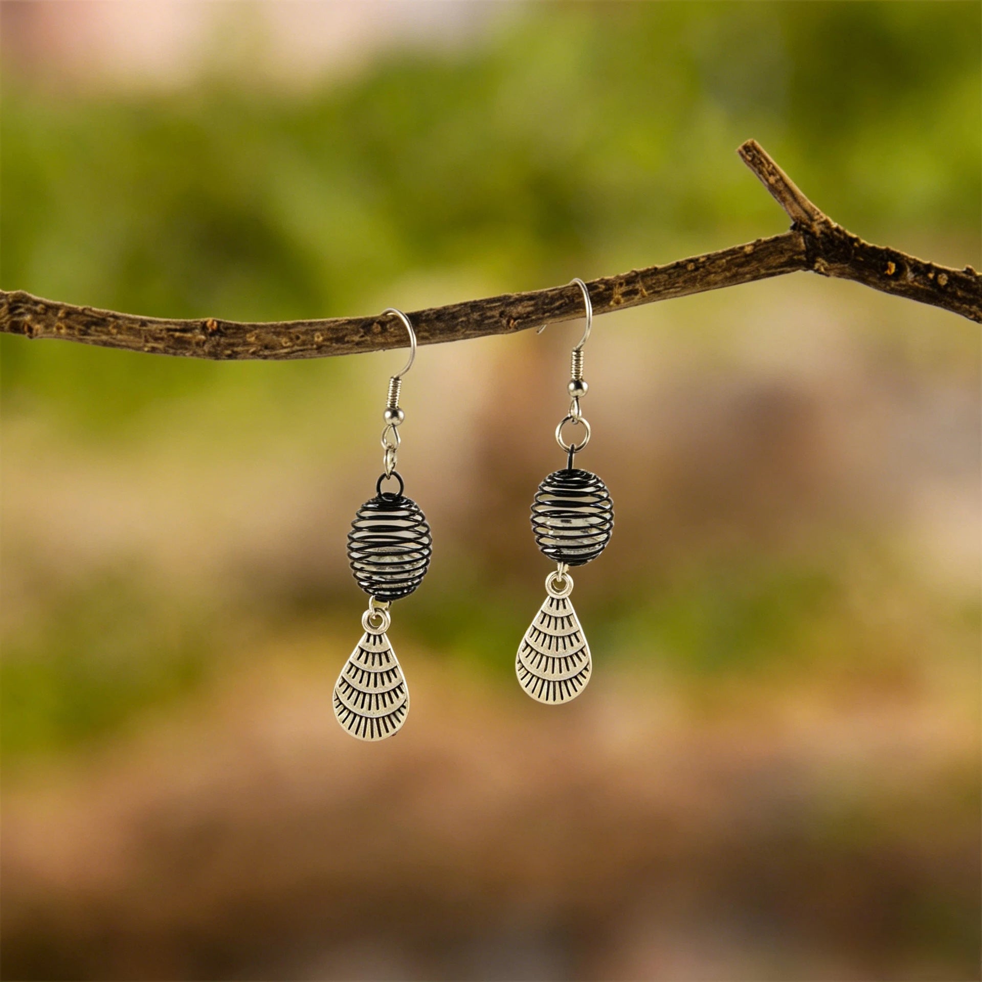 Wholesale Cross-Border European and American Retro Bohemian Black Coil Fan-Shaped Pendant Earrings with a Light Luxury and High-End Feel,  Featuring Embedded Diamond Ear Hooks