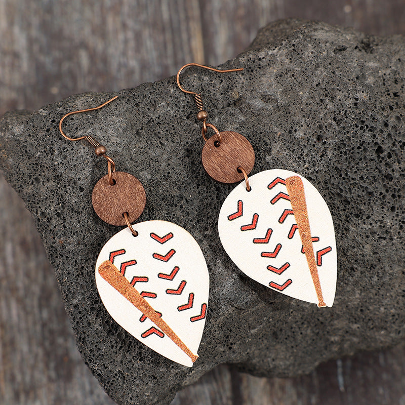 Wholesale Sports style teardrop-shaped printed baseball stitching wooden earrings