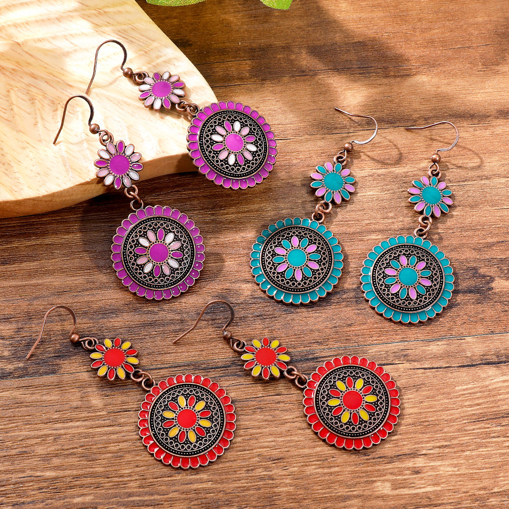 Wholesale Retro Sunflower Oil Drip Earrings - Zinc Alloy Jewelry Accessory for Party