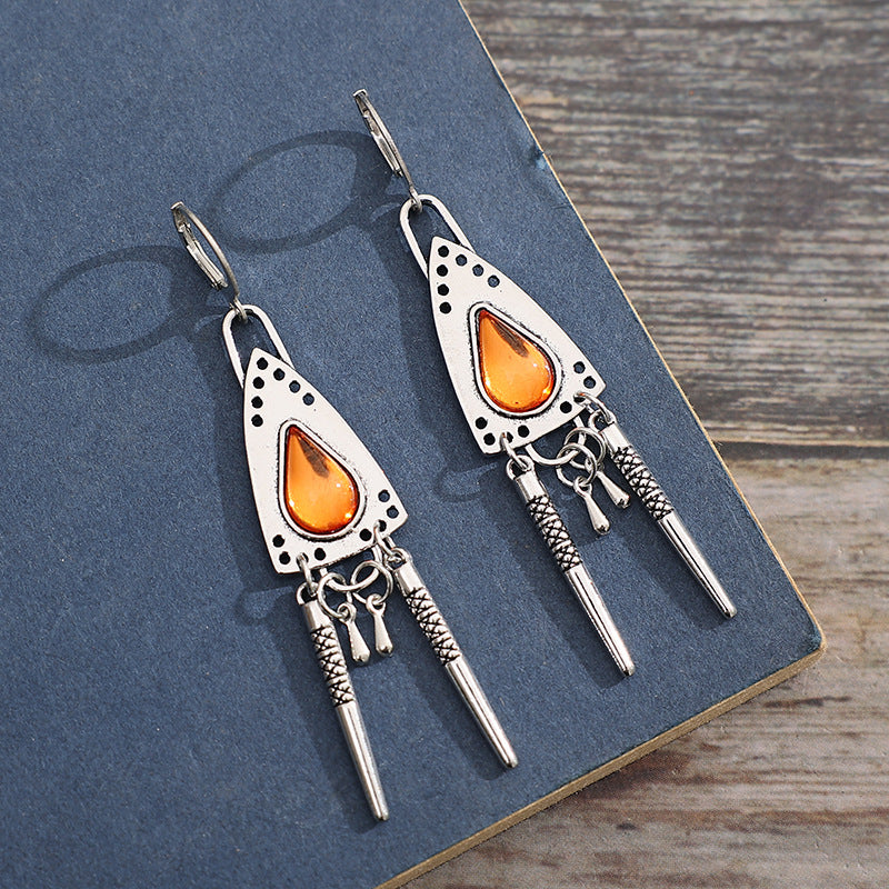 Wholesale Retro Tribal Geometric Amber Triangle Tassel Earrings - Silver Alloy Jewelry,  Party Wear Fashion Accessory