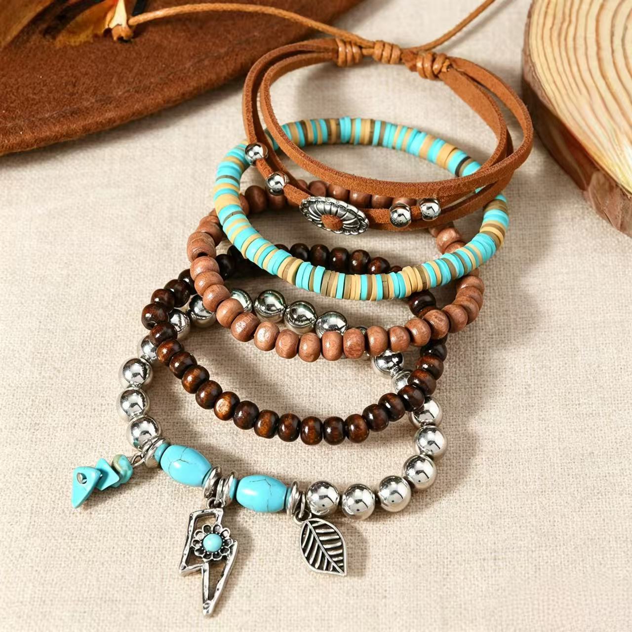 Wholesale 5-Piece Hand Knitted Wooden Bead Bracelets,  Turquoise &  Clay,  Unisex Everyday Wear