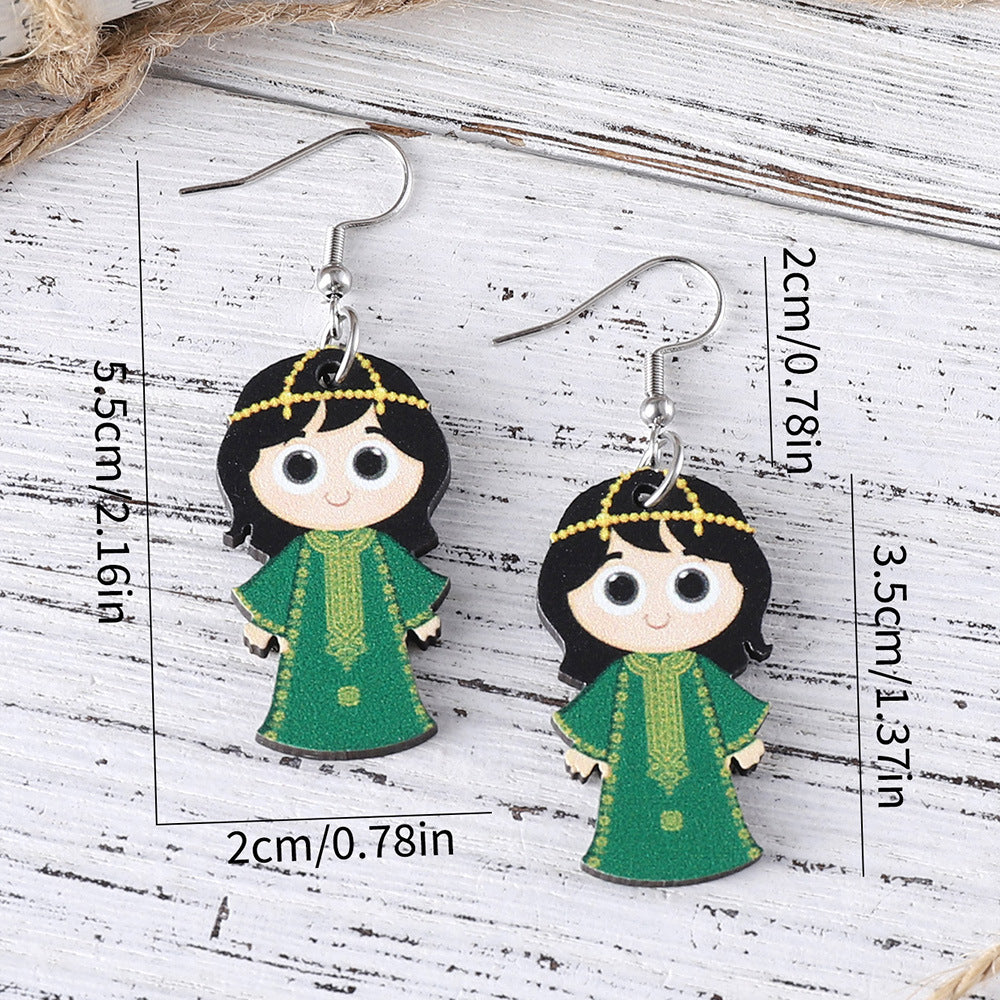 Wholesale Retro Girls Lantern Blue Oil Lamp Wooden Double Sided Earrings ACC-ES-ChuLian006