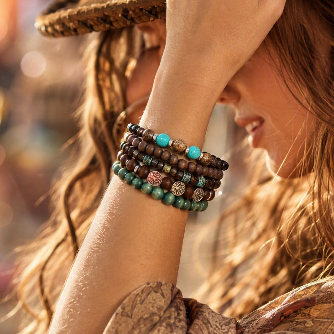 Wholesale Retro Cowboy Turquoise Bracelet Set Women S Handmade Engraved Metal Jewelry 5 Piece Gift Everyday Wear