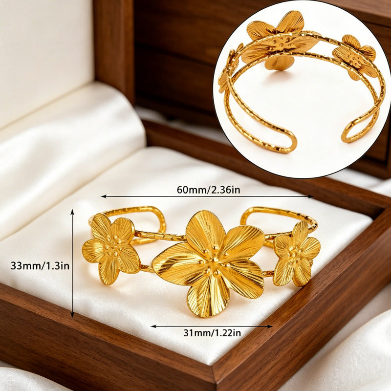 Wholesale Stainless Steel Electroplated Flower Open Cuff Bracelet - Trendy Boutique Resale Jewelry