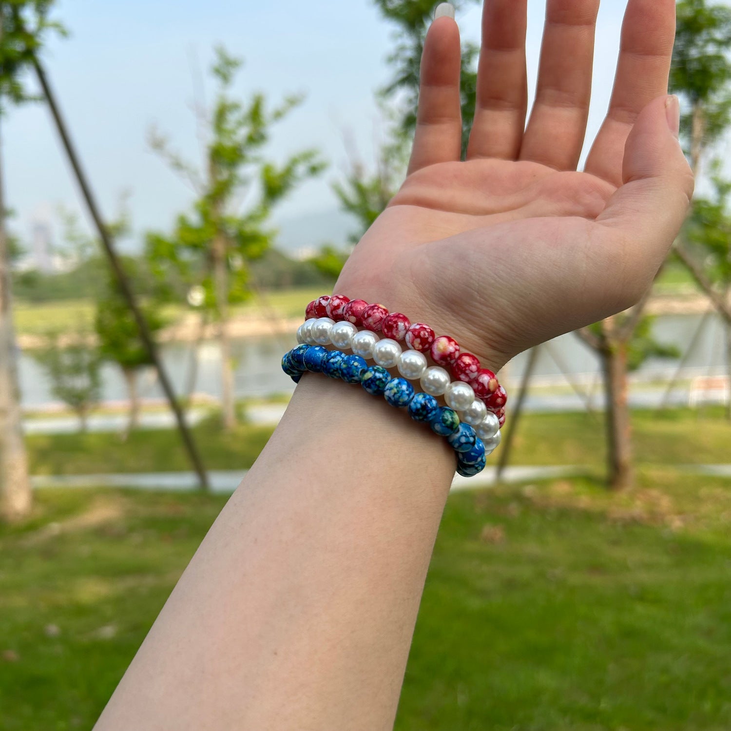 Wholesale Creative Flag Color Pearl Necklace American Independence Day