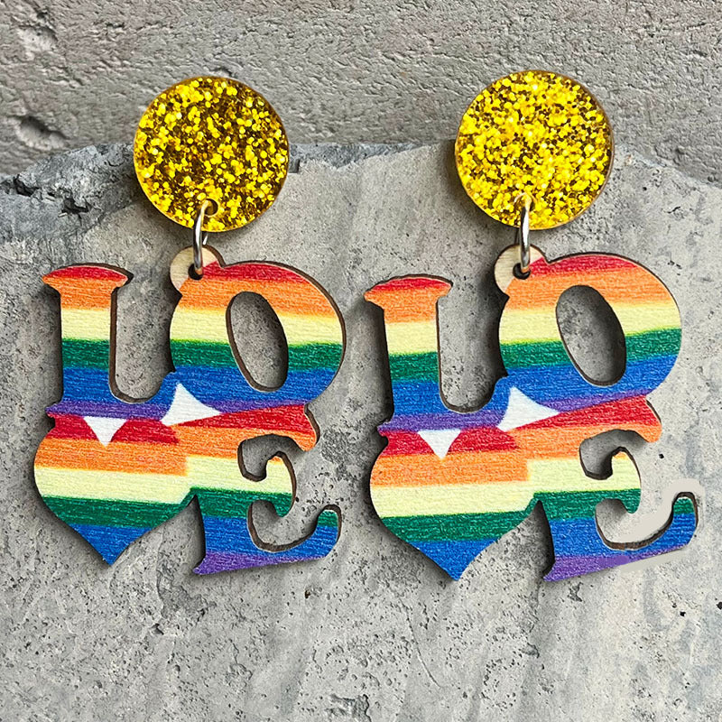 Wholesale 2 Pairs/pack LGBT Rainbow LOVE Ribbon Wooden Earrings ACC-ES-HY062