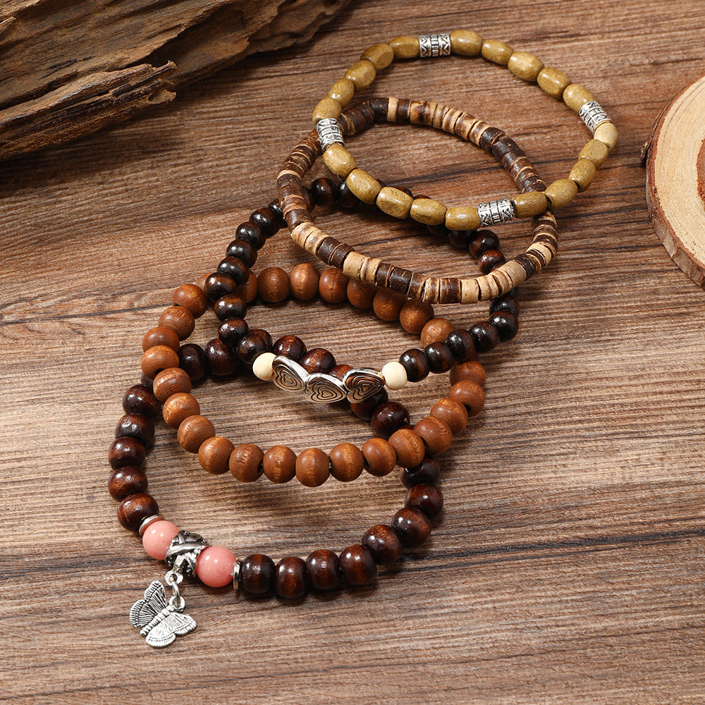 Wholesale 3PCS Western-style multi-layered wooden bead heart and butterfly bracelet