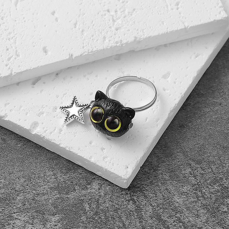 Wholesale resin big-eyed cat stitching five-pointed star pendant adjustable size fashion ring