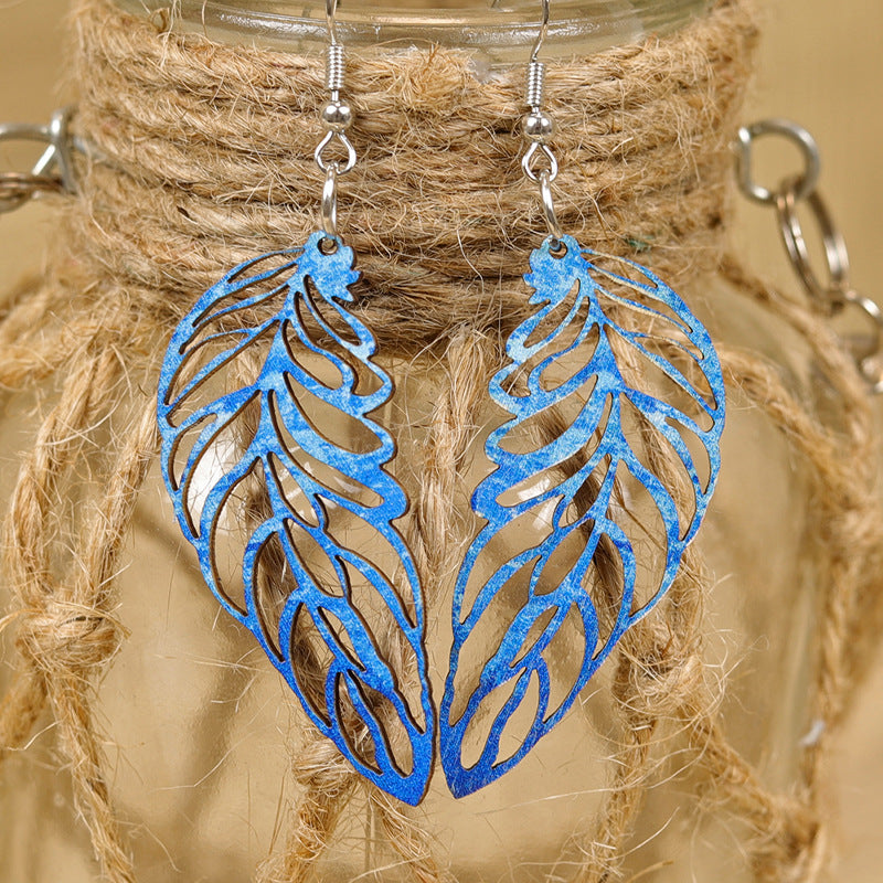 Wholesale  Retro Style Leaf Shape Hollow Tie-Dye  Multi-Color Combinable Women's Wooden Earrings