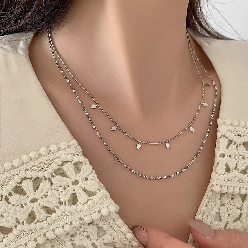 Wholesale  Double Layer Stacked Diamond Sequin Titanium Steel Necklace