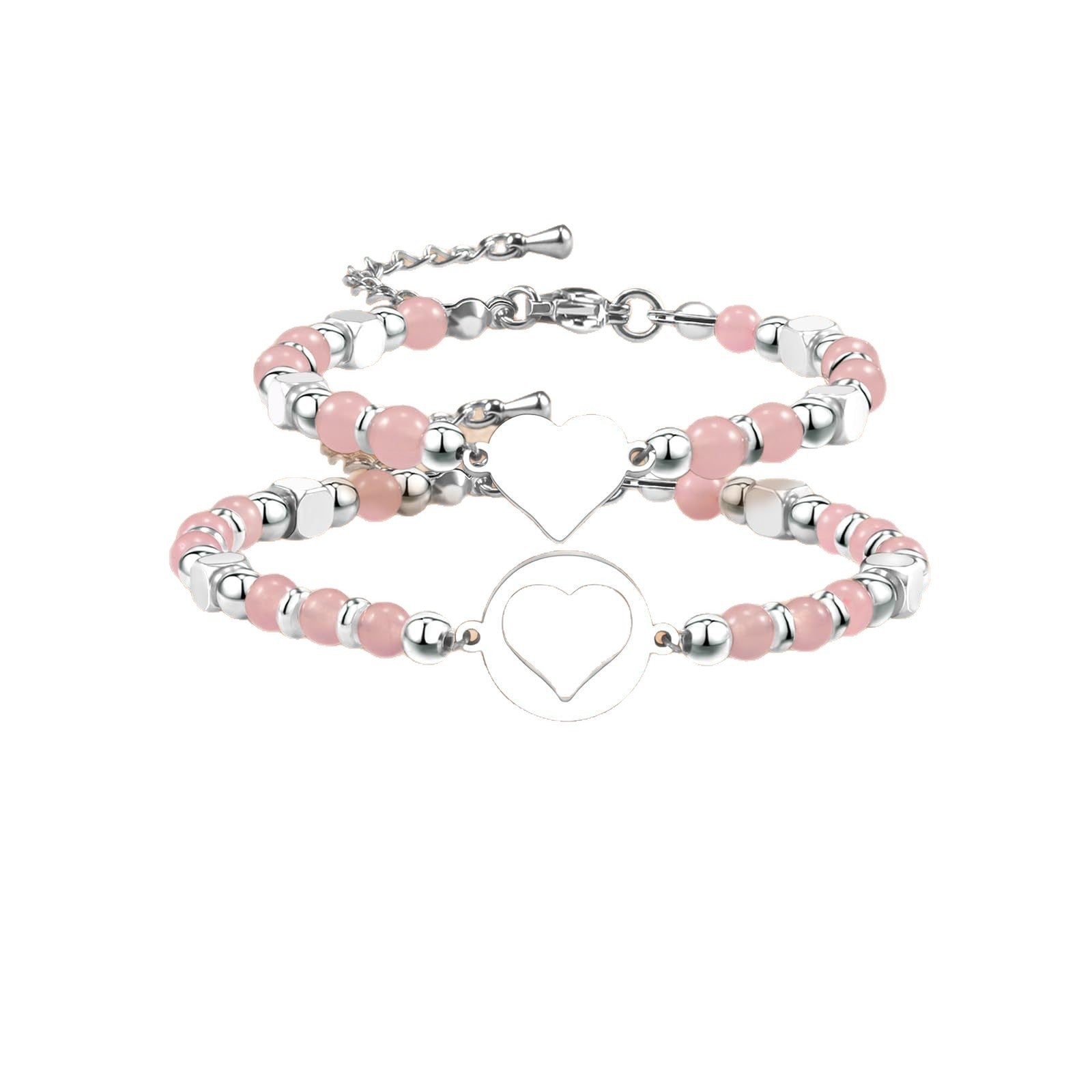 Wholesale 4mm Rose Quartz Stainless Steel Heart Bracelet Set