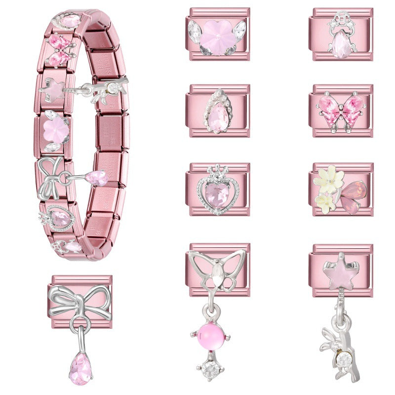 Wholesale 9mm Italian Charm Starter Bracelets pink series  DIY  Single Section Creative Stainless Steel Composable Bracelet