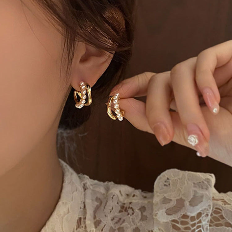Wholesale Asymmetrical Double Layer Pearl Earrings Korean Style Boutique Resale Jewelry Accessory