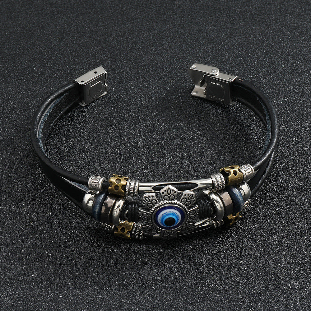 Wholesale Stylish Men S Evil Eye Leather Bracelet Titanium Steel Buckle Fashion Jewelry Accessory