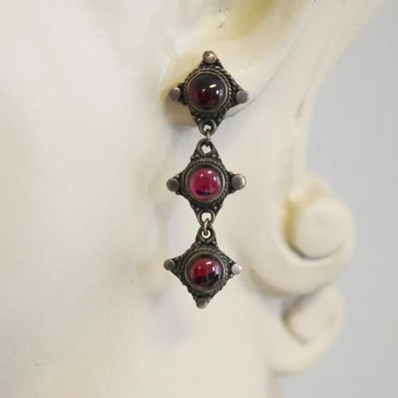Wholesale Dark Retro Inlaid Ruby Long Earrings