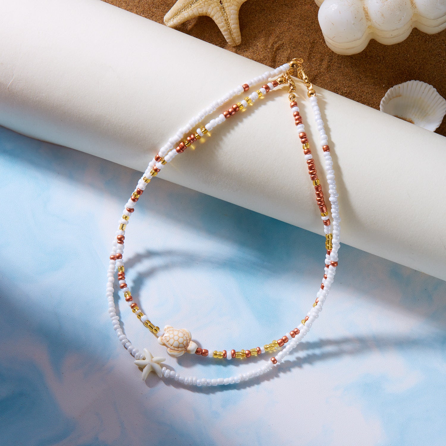 Wholesale  double-layer starfish turtle rice beads short necklace