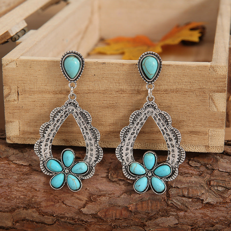 Wholesale Western Style Vintage Flower Turquoise Alloy Earrings ACC-ES-SaiPu004