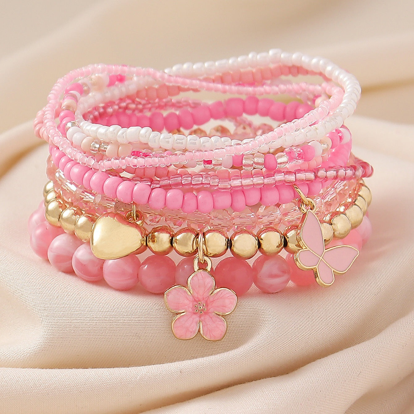 Wholesale Bohemian Flower Love Butterfly Pendant Bungee String Pearl Stacking Bracelet Set