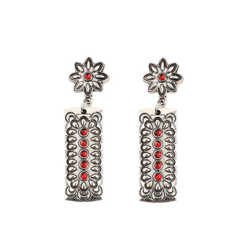 Wholesale Bohemian retro geometric inlaid red alloy earrings