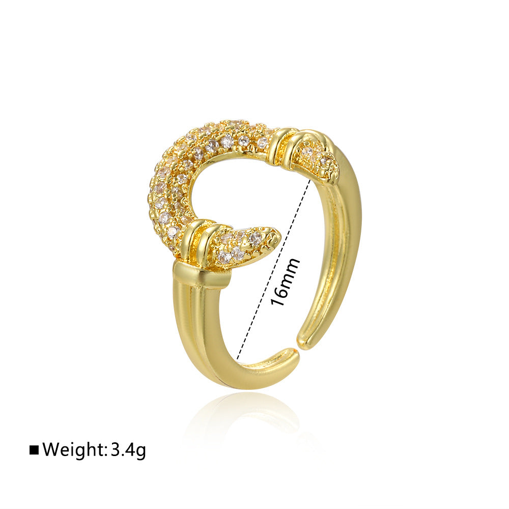 Wholesale Geometric moon-shaped copper-plated 18k zircon versatile horseshoe ring