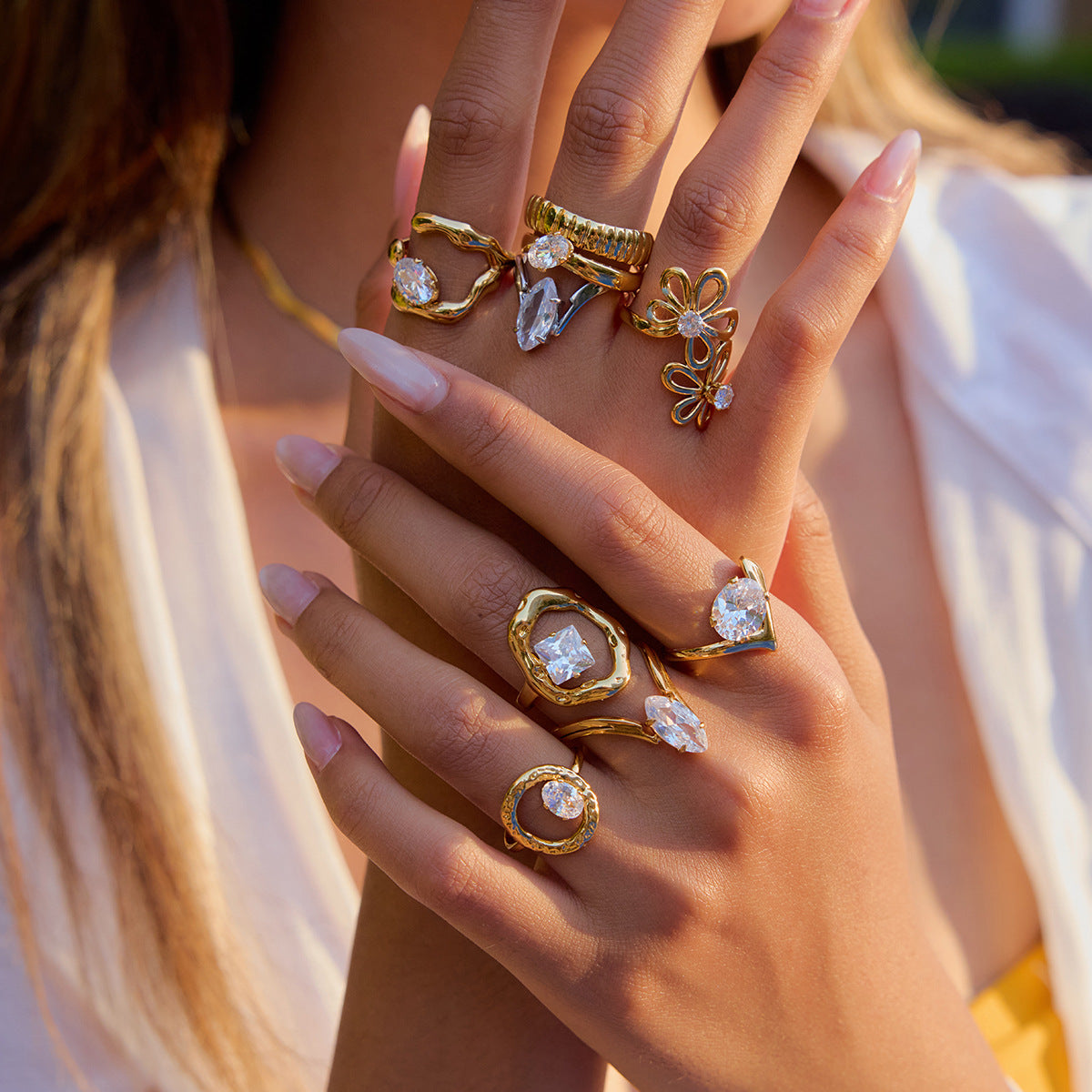 Wholesale 18K gold stainless steel double ribbed hollow band oval white zirconium ring