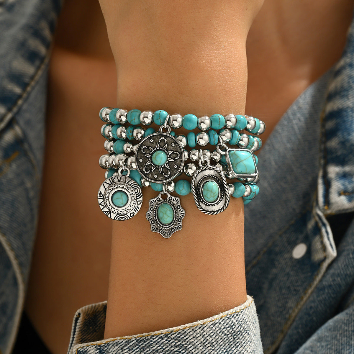 Wholesale Retro Cowboy Turquoise Bracelet Set Women S Handmade Engraved Metal Jewelry 5 Piece Gift Everyday Wear