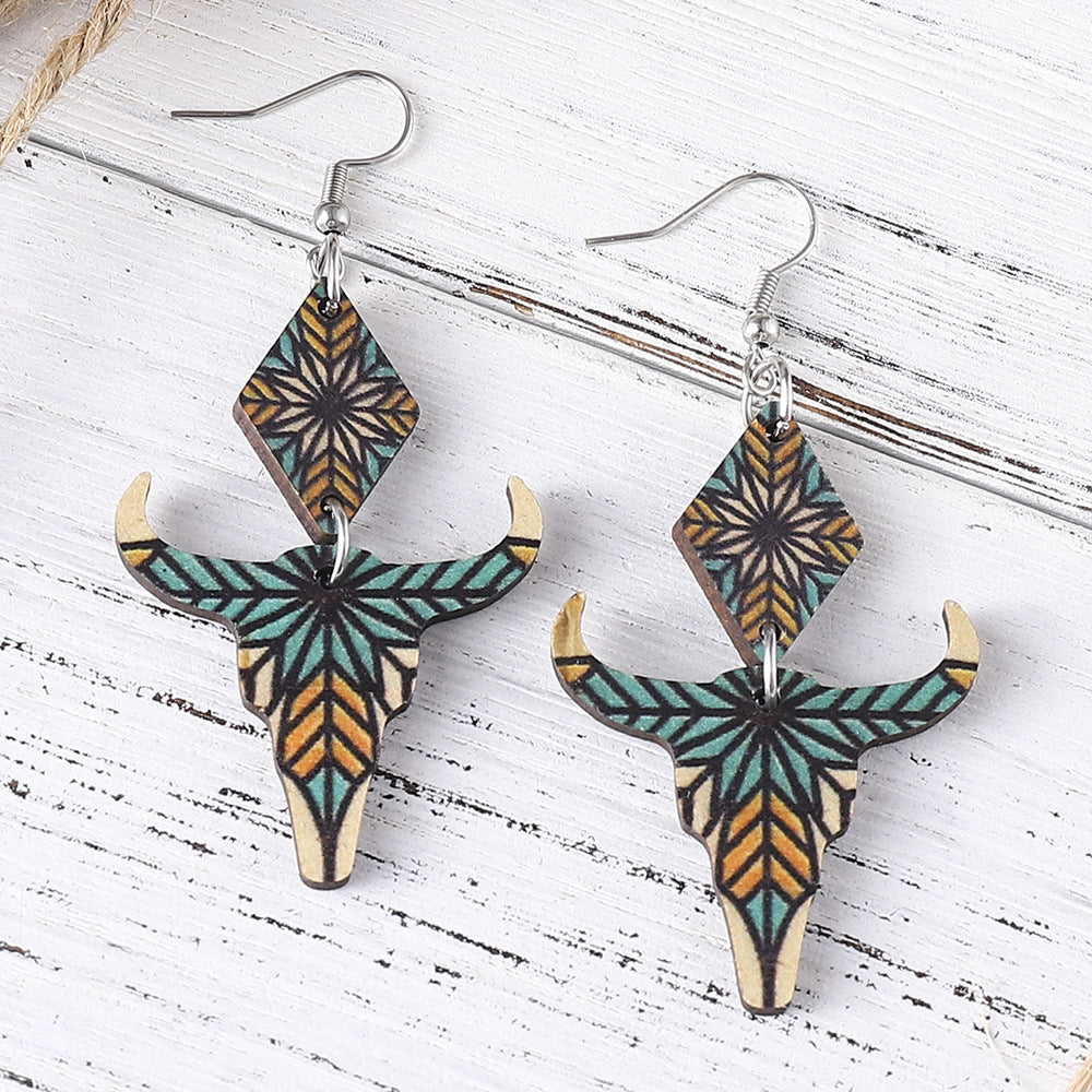 Wholesale Western Ethnic Aztec Geometric Pattern Cow Head Pendant  Double-sided Earrings