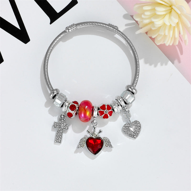 Wholesale Heart Shape Crystal Cross Rhinestone Beaded Stainless Steel Bracelet ACC-BT-QingLian003