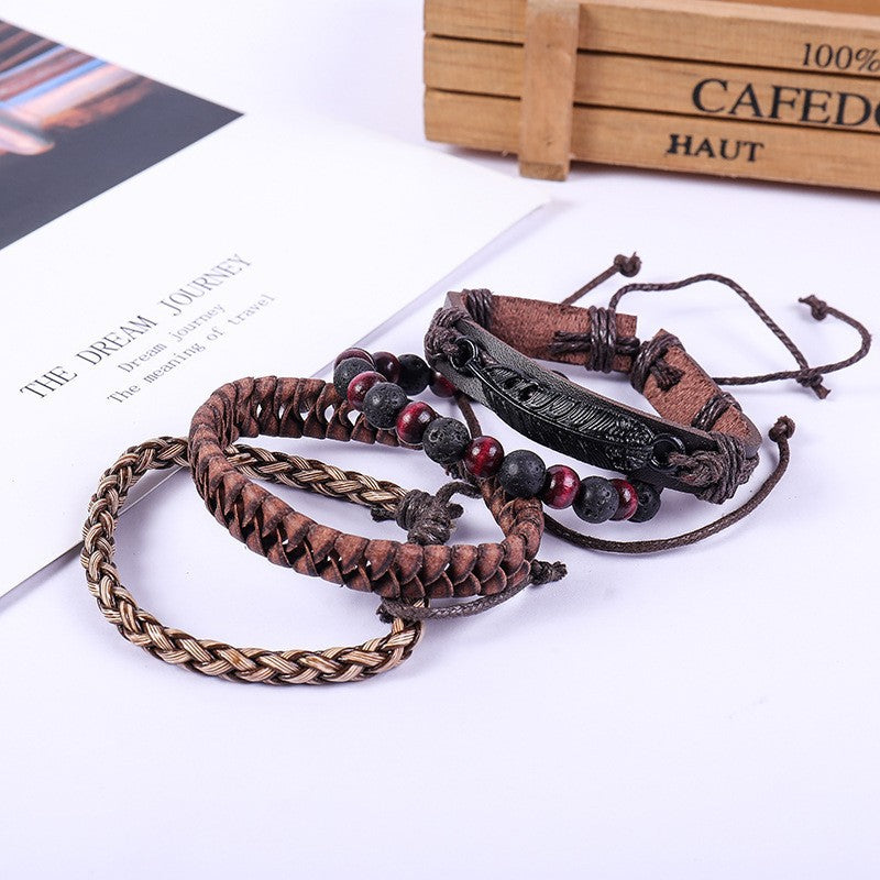Wholesale Multi-layer Leaves Retro  Volcanic Stone Alloy Feather Leather Bracelet