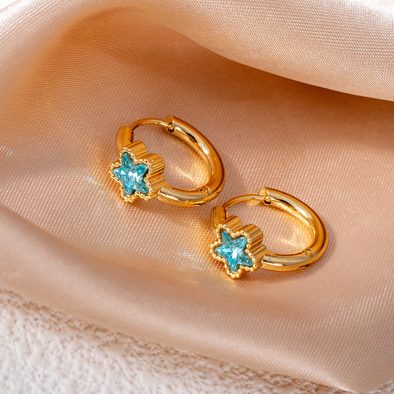 Wholesale Titanium Steel Star Earrings with Emerald and Crystal Zircon - Retro Design for Everyday Wear Jewelry Accessory