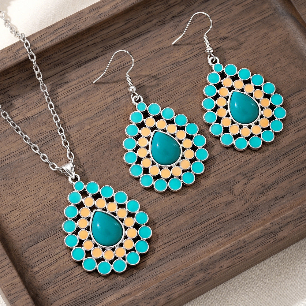Wholesale Retro Bohemian Geometric Water Drop Necklace and Earrings Set,  Zinc Alloy Party Wear Jewelry