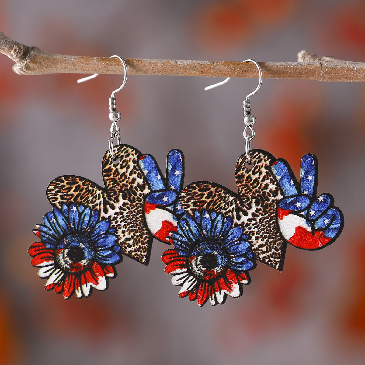 Wholesale American Independence Day Eagle Sunflower Love Leaf Wooden Double Sided Earrings ACC-ES-ChuLian011