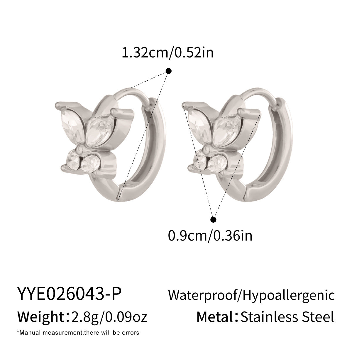 Wholesale Chic Butterfly Stud Earrings for Women Stainless Steel Zircon PVD Gold Plated Jewelry Accessory