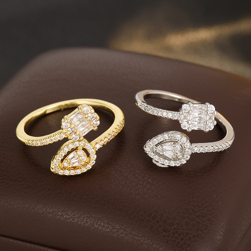 Wholesale Adjustable Drop Zircon Ring Gold Electroplated Stylish Fashion Jewelry For Everyday Wear And Boutique Resale