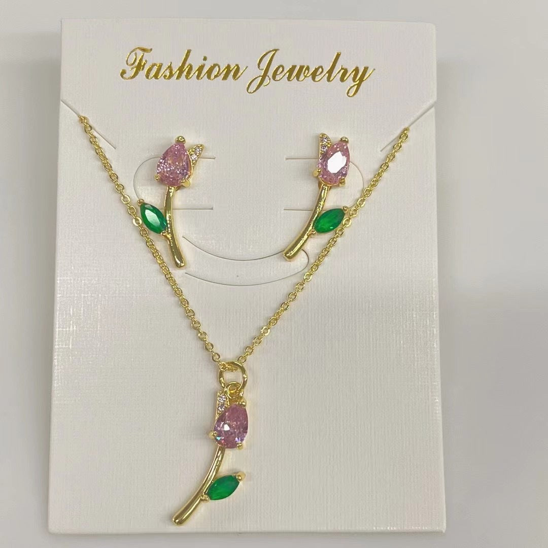 Wholesale Copper-plated 18k colored zircon floral tulip necklace and earring set
