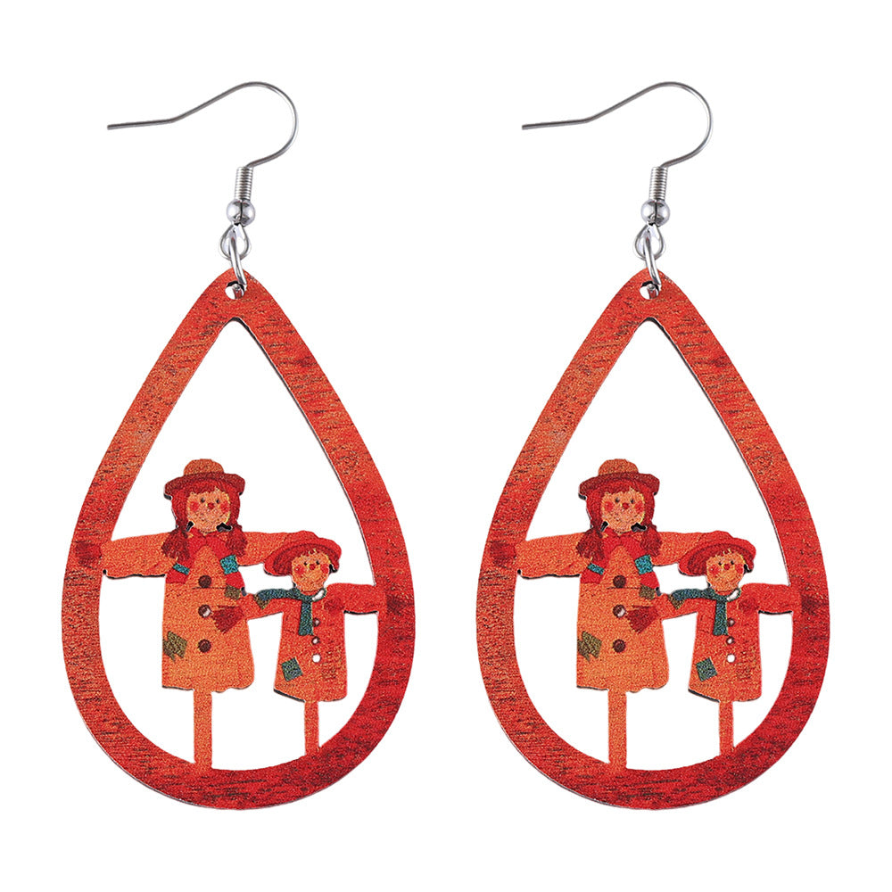 Wholesale Thanksgiving Day Halloween Pumpkin Scarecrow Teardrop Shape Wood Earrings ACC-ES-ChuLian029