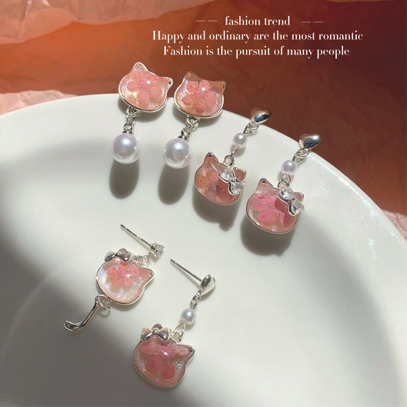 Wholesale Cat Cute Pink Earrings Cartoon Resin Earrings Kitten Asymmetric Earrings