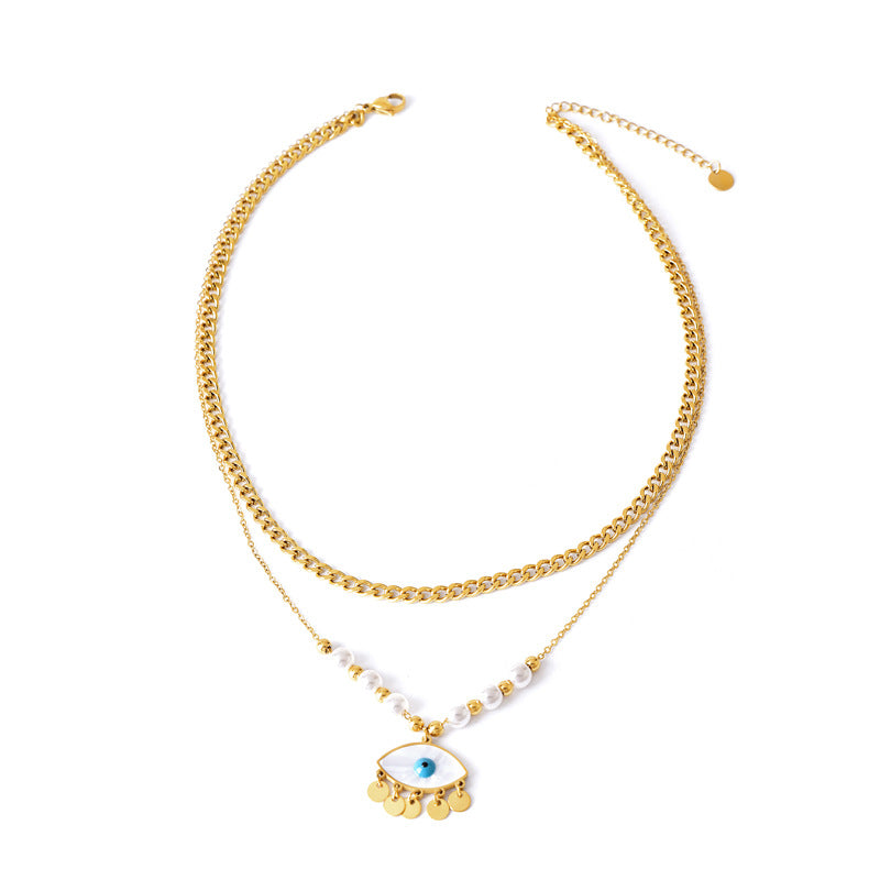 Wholesale Titanium steel color protection double-layer Pearl Heart cross necklace