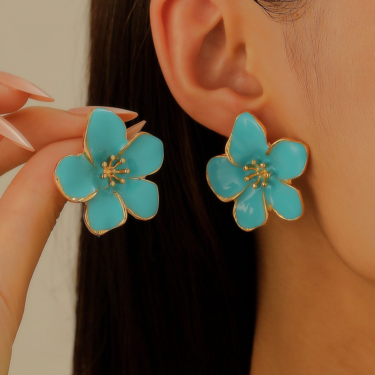 Wholesale Stylish Flower Earrings For Women Double Layer Petal Colorful Dripping Oil Zinc Alloy Everyday Jewelry Accessory