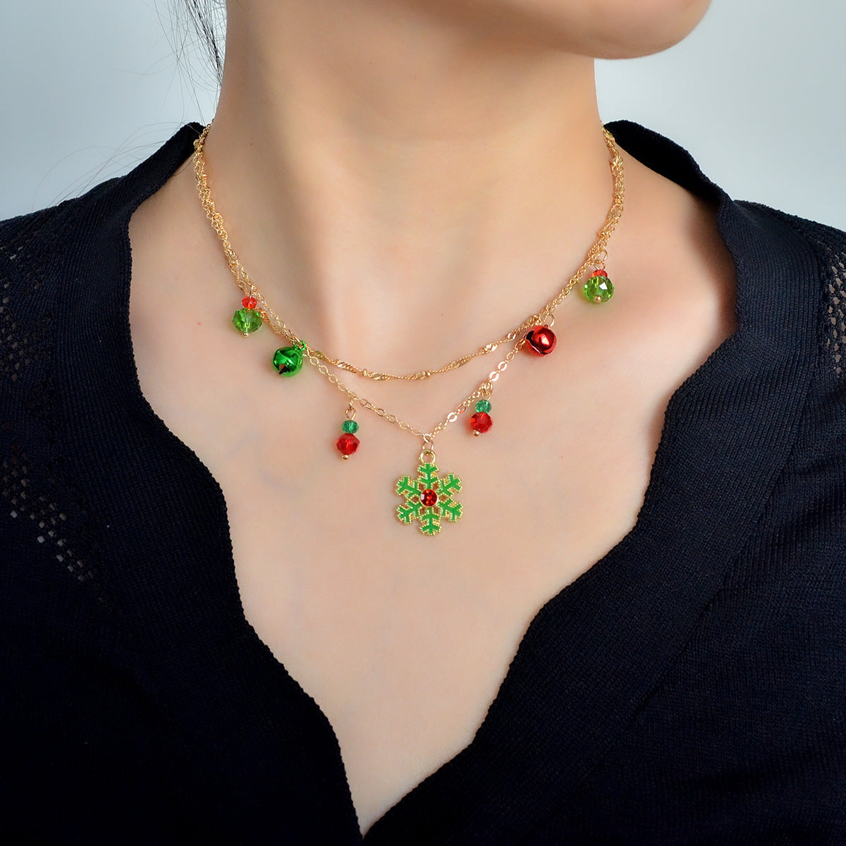 Wholesale 2pcs Christmas Multi-layer Bell Snowflake Necklaces ACC-NE-TuCai001