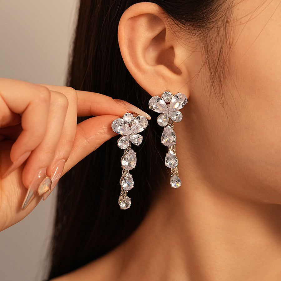 Wholesale Light Luxury Zircon Butterfly Flower Water Drop Silver Pin Earrings