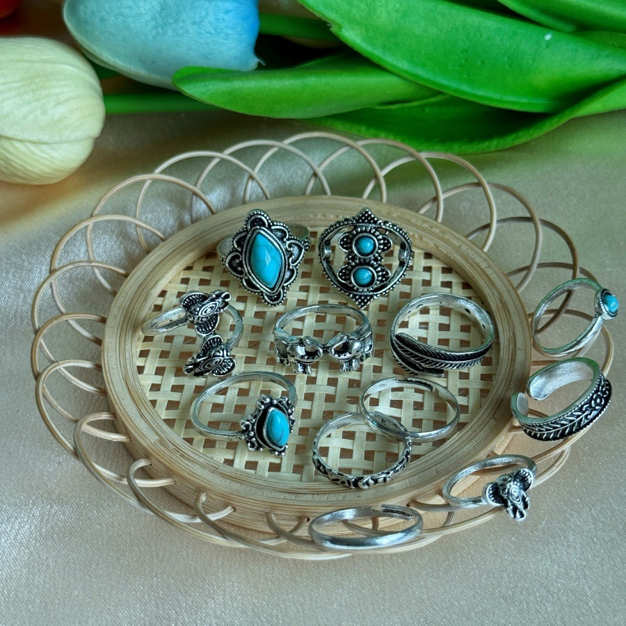 Wholesale Bohemian Style Light Luxury Elephant Feather Carved Cold Style Finger Ring Set