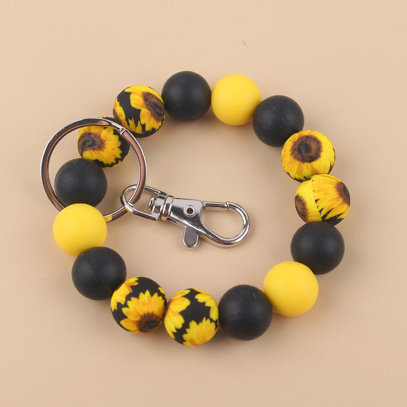 Wholesale Cow Pattern Sunflower Pattern Silicone Beaded Wrist Keychain ACC-KC-GuangTian024