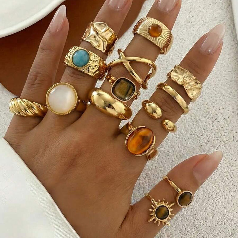 Wholesale Vintage Adjustable Natural Stone Ring Set 6 Piece Gold Tone Alloy Geometric Jewelry Accessory For Women