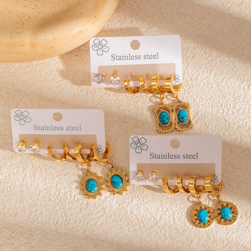 Wholesale Vintage Stainless Steel Earrings with Turquoise Rhinestones Fashion Accessory