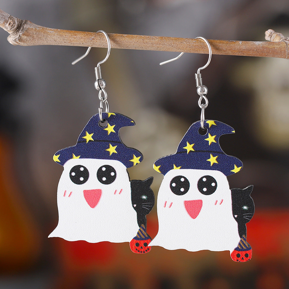 Wholesale Halloween Pumpkin Black Cat Ghost Pendant Gothic Style Wood Earrings ACC-ES-ChuLian031