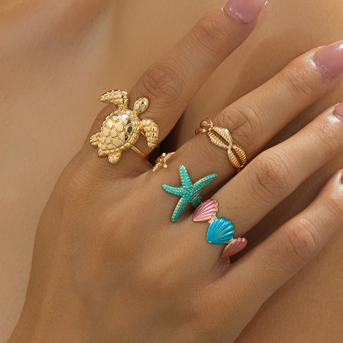 Wholesale Fashion Ocean Marine Life Rings Sea Turtle Starfish Shell Adjustable Enamel Rings Beach Vacation Stacking Jewelry Boutique Resale