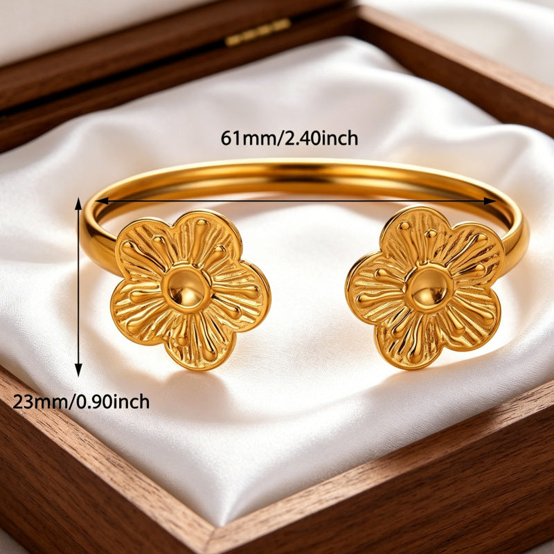 Wholesale Stainless Steel Electroplated Flower Open Cuff Bracelet - Trendy Boutique Resale Jewelry