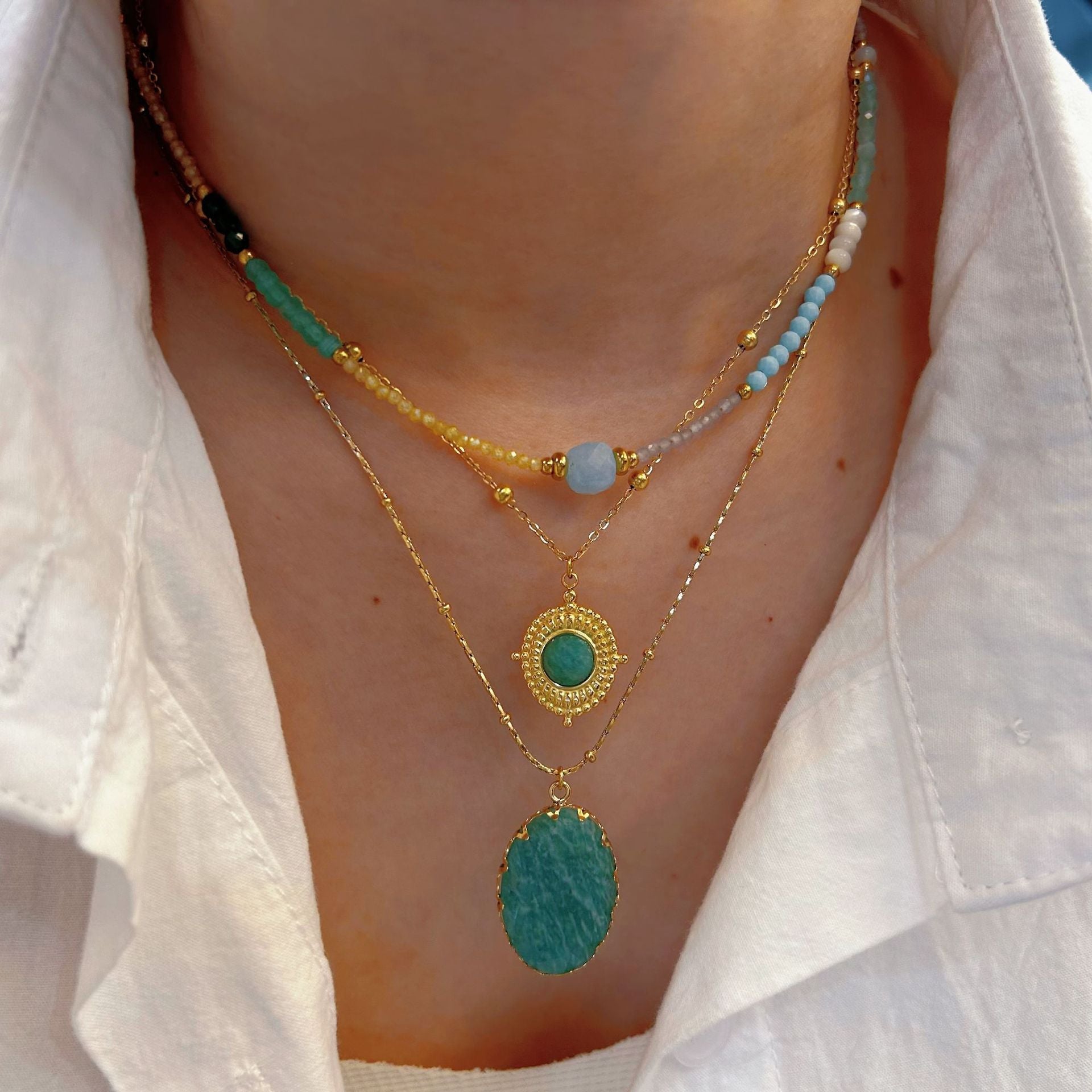 Wholesale Tianhe Stone Necklace  Retro Oval Natural Stone Pendant Beaded  Oil Dropping Necklaces